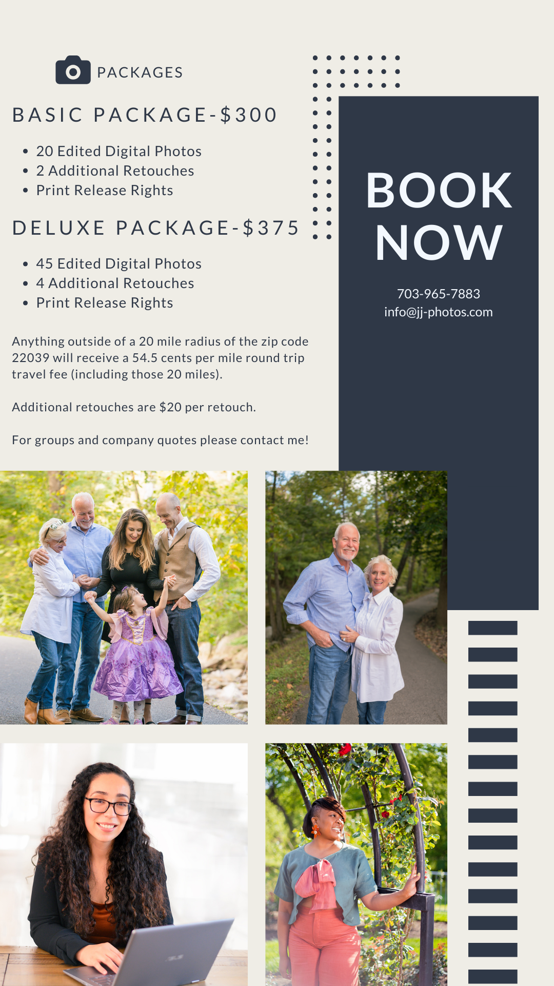 pricing for JJ's photography sessions. $300 for one hour. $375 for two hours.